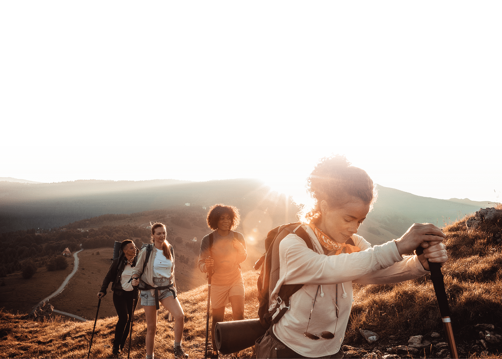 Close up of a group of friends hiking in the mountains