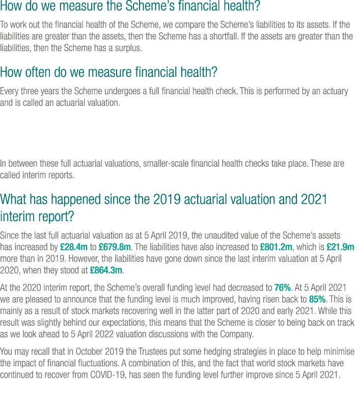 How do we measure the Scheme s financial health  To work out the financial health of the Scheme, we compare the Schem   