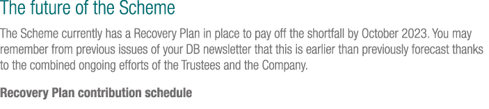 The future of the Scheme The Scheme currently has a Recovery Plan in place to pay off the shortfall by October 2023     