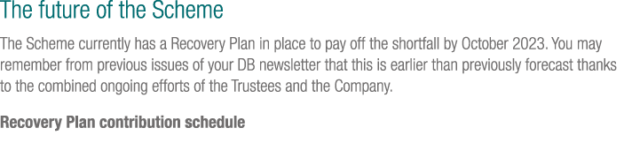 The future of the Scheme The Scheme currently has a Recovery Plan in place to pay off the shortfall by October 2023. ...