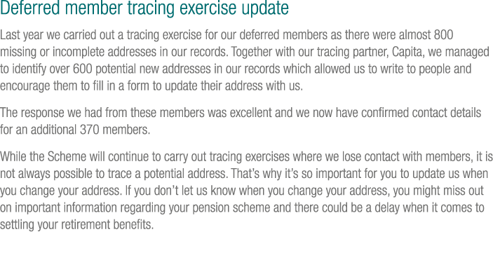 Deferred member tracing exercise update Last year we carried out a tracing exercise for our deferred members as there...