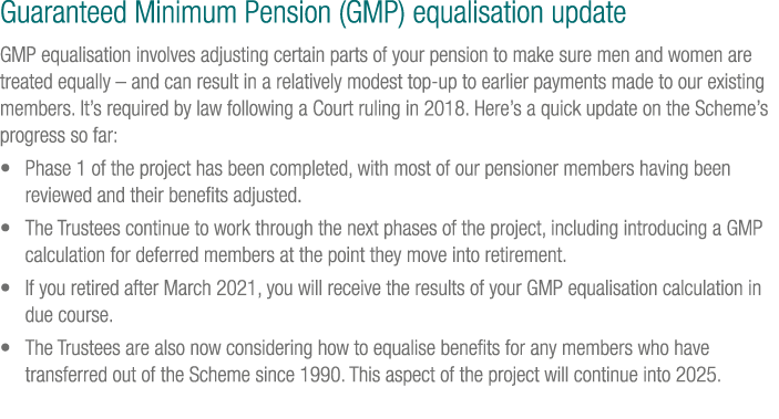 Guaranteed Minimum Pension (GMP) equalisation update GMP equalisation involves adjusting certain parts of your pensio...