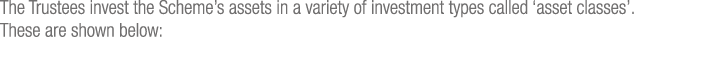The Trustees invest the Scheme s assets in a variety of investment types called  asset classes   These are shown below: