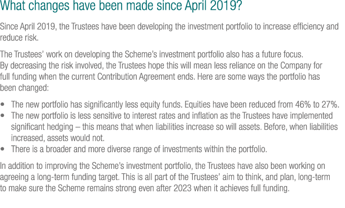 What changes have been made since April 2019  Since April 2019, the Trustees have been developing the investment port   