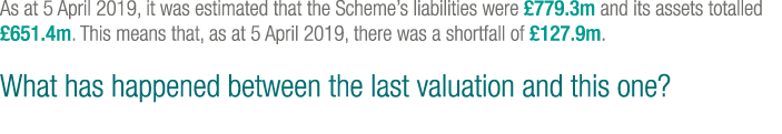 As at 5 April 2019, it was estimated that the Scheme s liabilities were  779 3m and its assets totalled  651 4m  This   