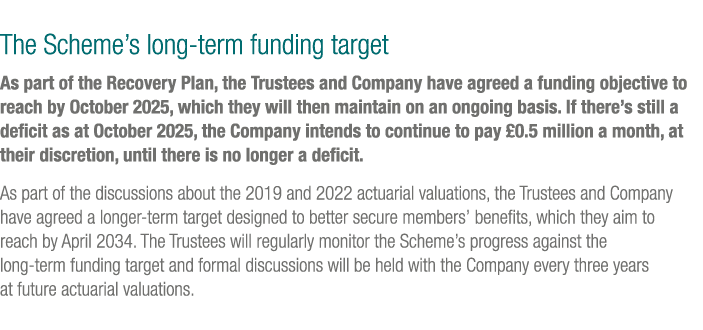 The Scheme’s long term funding target As part of the Recovery Plan, the Trustees and Company have agreed a funding ob...