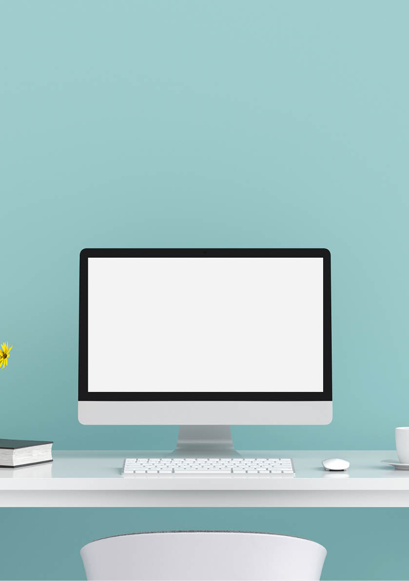 Computer display for mockup on table in light blue room, 3D rendering