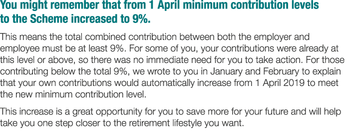 You might remember that from 1 April minimum contribution levels to the Scheme increased to 9   This means the total    