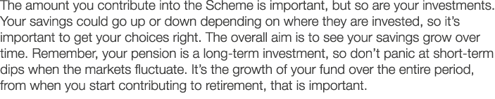 The amount you contribute into the Scheme is important  but so are your investments  Your savings could go up or down   