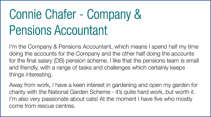 Connie Chafer - Company   Pensions Accountant I m the Company   Pensions Accountant  which means I spend half my time   