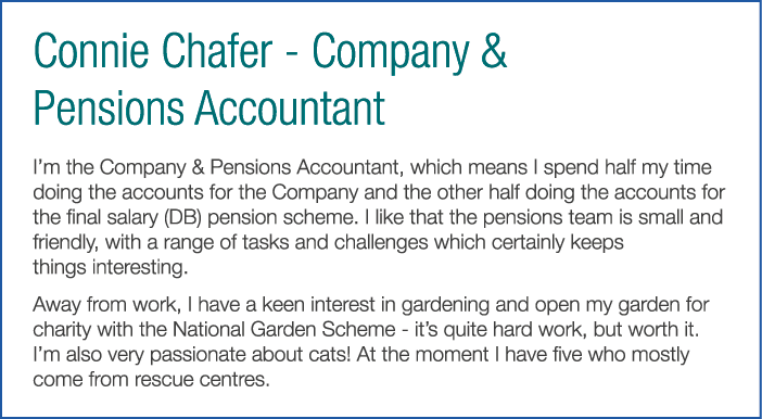 Connie Chafer - Company   Pensions Accountant I m the Company   Pensions Accountant  which means I spend half my time   