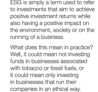 ESG is simply a term used to refer to investments that aim to achieve positive investment returns while also having a   