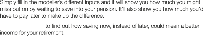 Simply fill in the modeller s different inputs and it will show you how much you might miss out on by waiting to save   